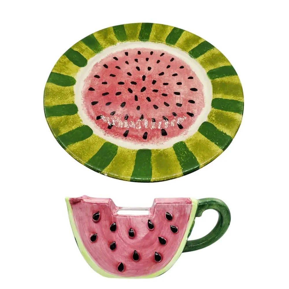 Ceramic Watermelon Plate & Tea Cup Summer Decor Vintage Handmade Bundle LOT Set